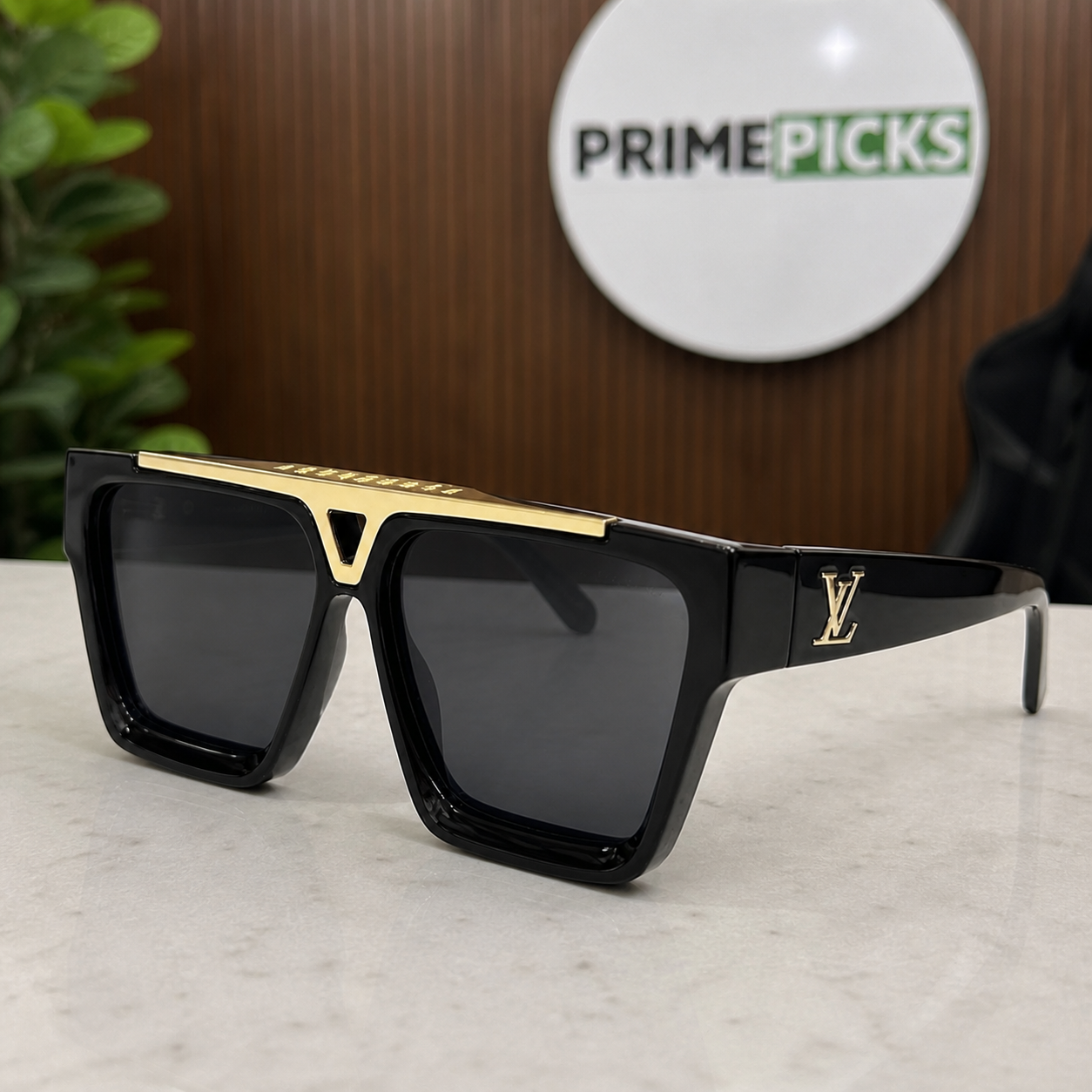 Louis Vuitton black square sunglasses supported front angle