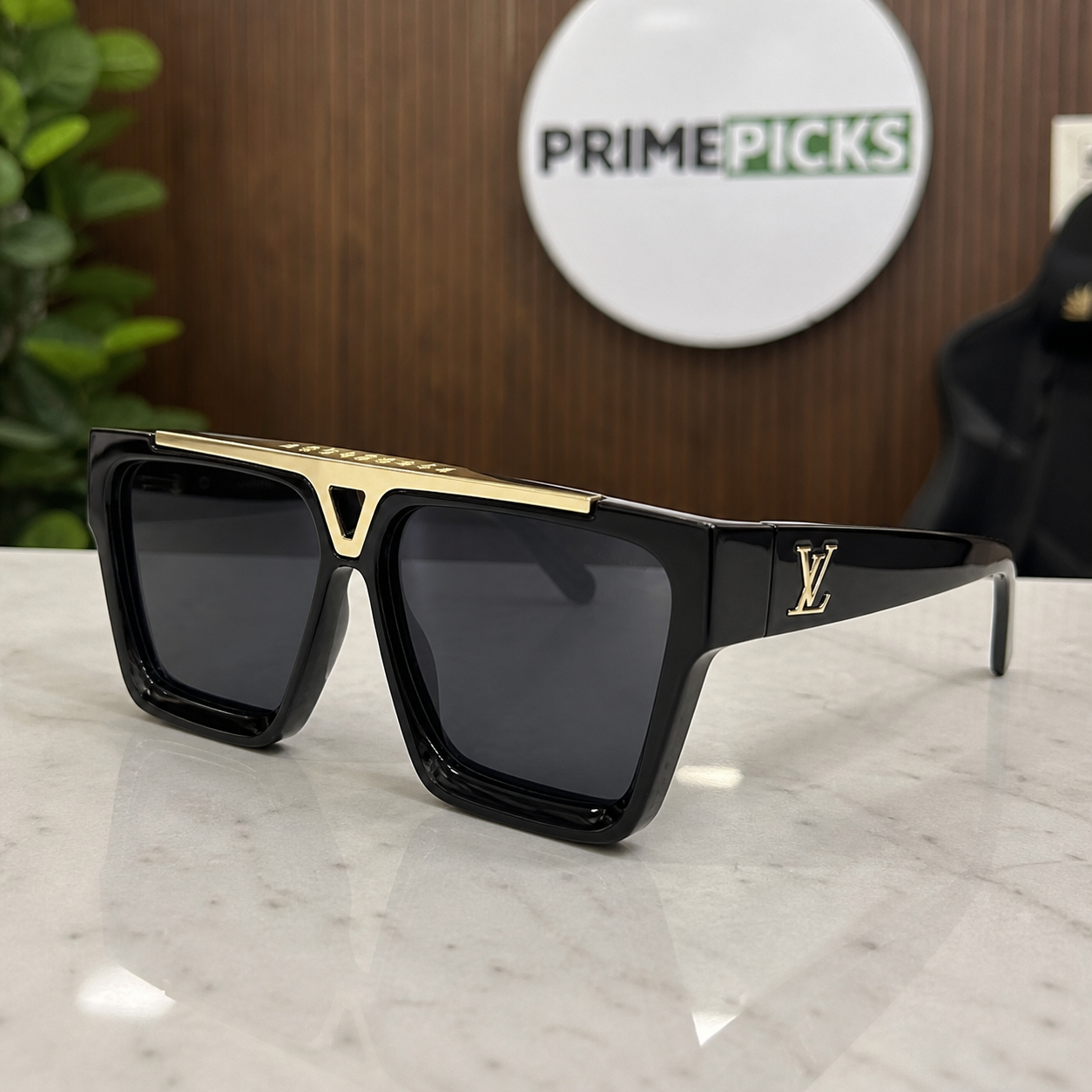 Louis Vuitton black and gold-tone square sunglasses hero view