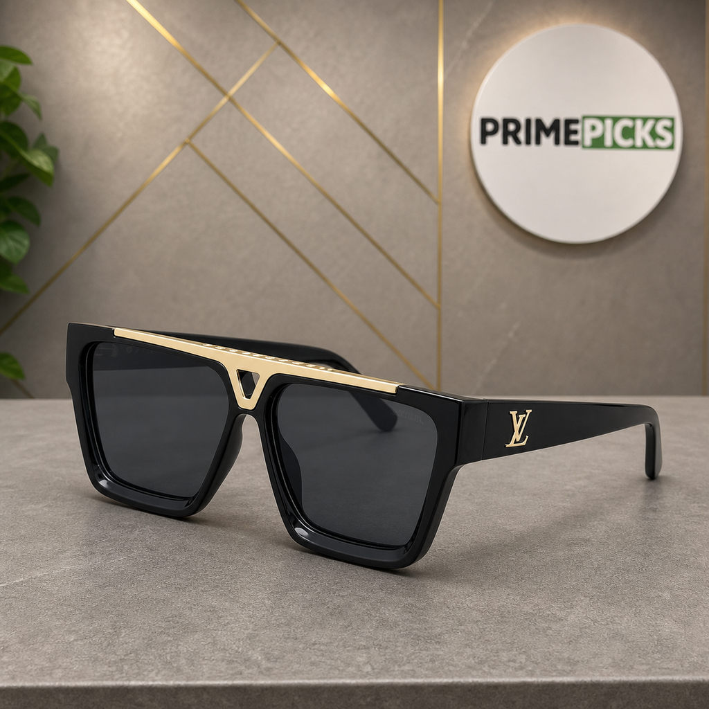 Louis Vuitton black and gold-tone square unisex sunglasses hero view