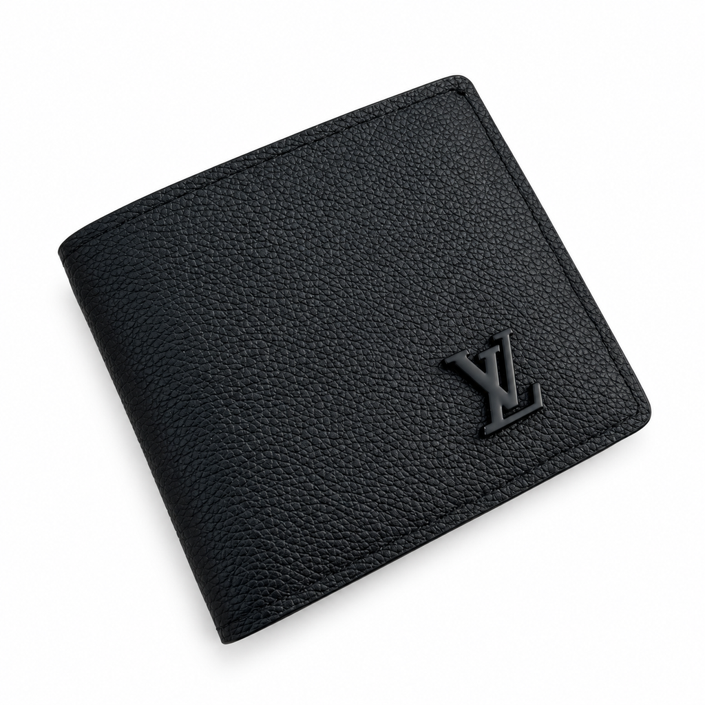 Louis Vuitton Black Pebbled LV Wallet on white background