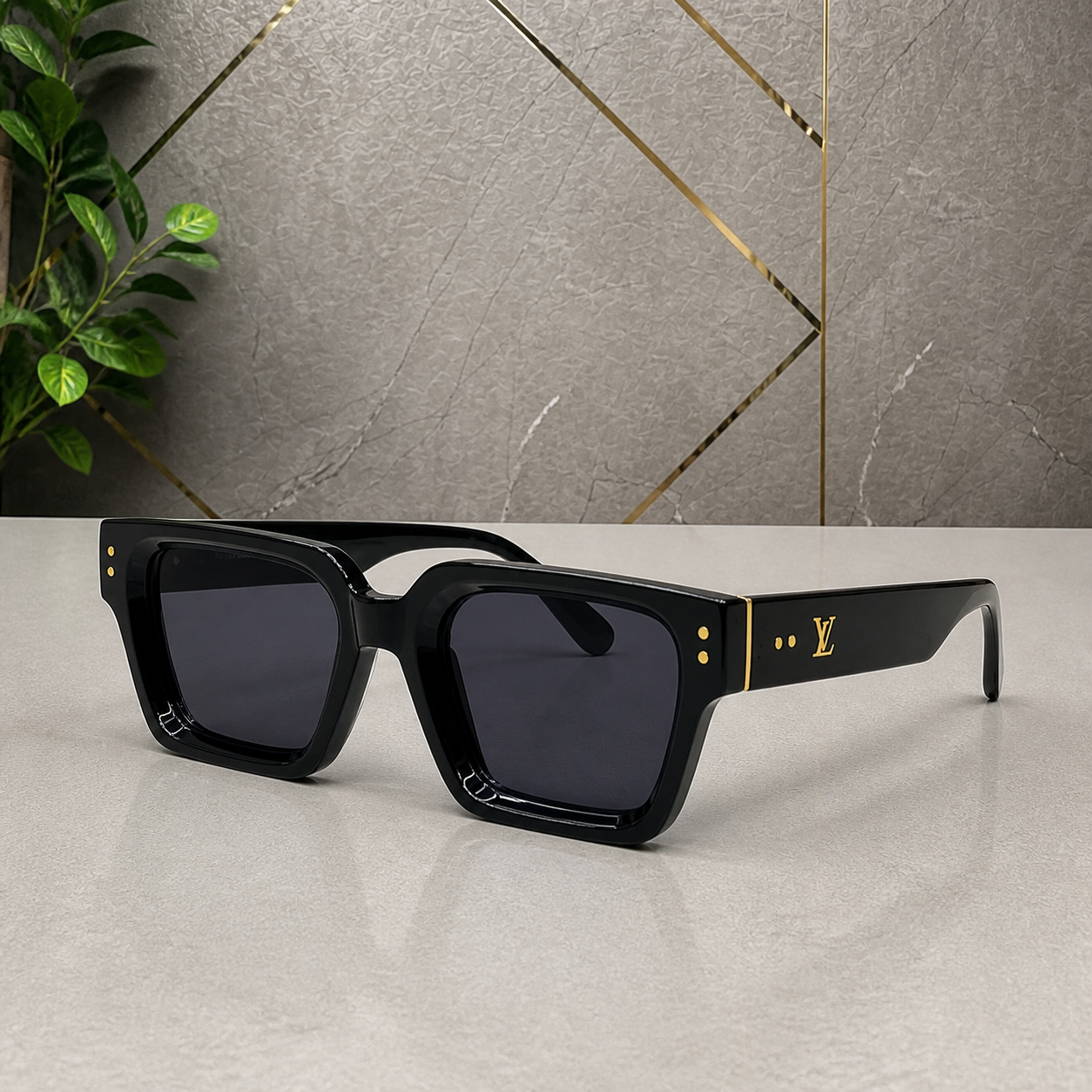 Louis Vuitton black rectangular sunglasses alternate office angle