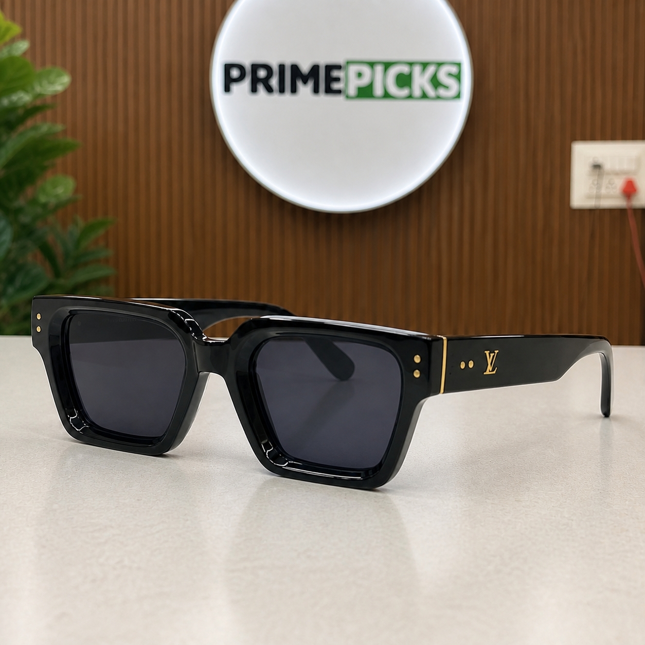 Louis Vuitton black rectangular sunglasses supported front angle