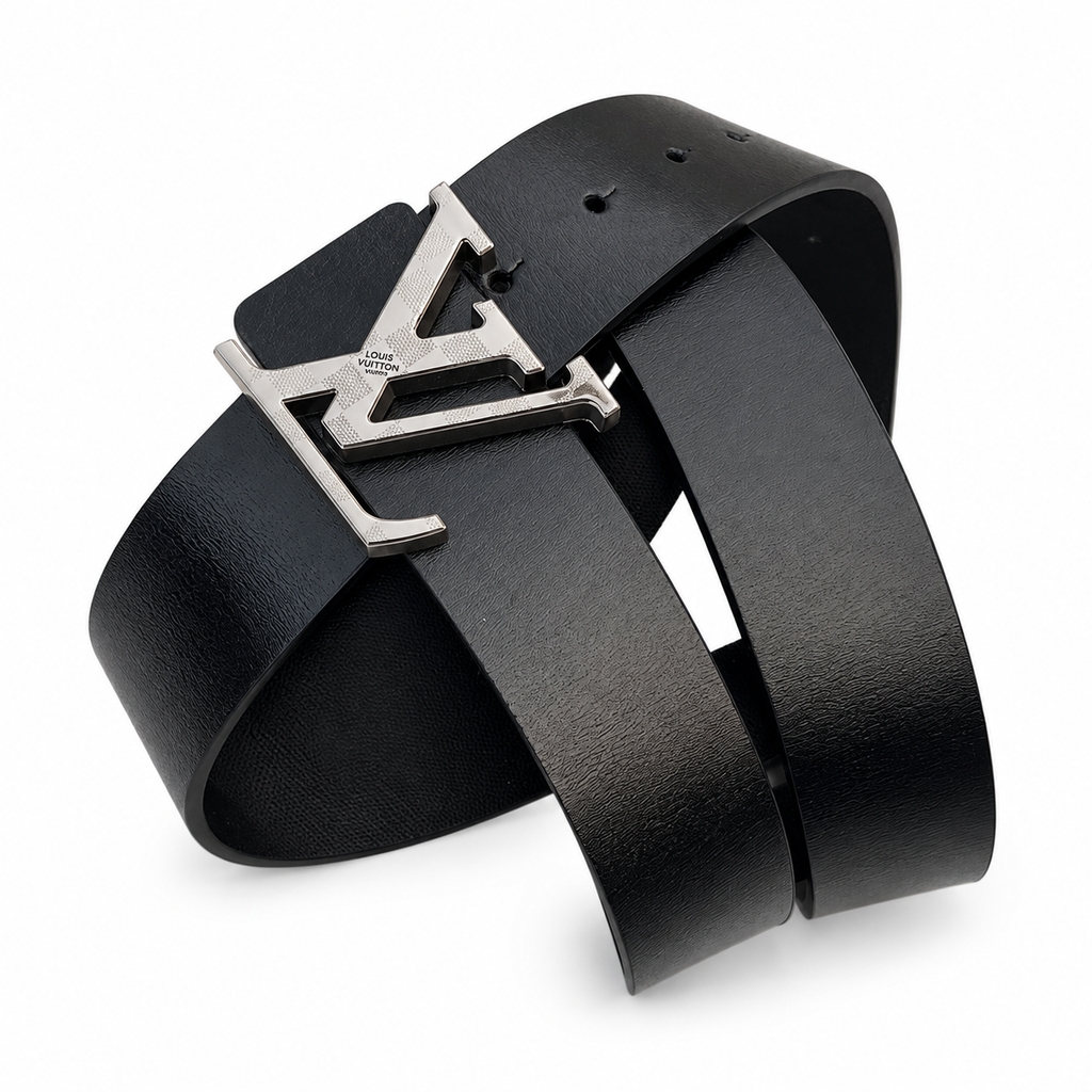 Louis Vuitton Black Silver-Tone LV Buckle Belt on white background
