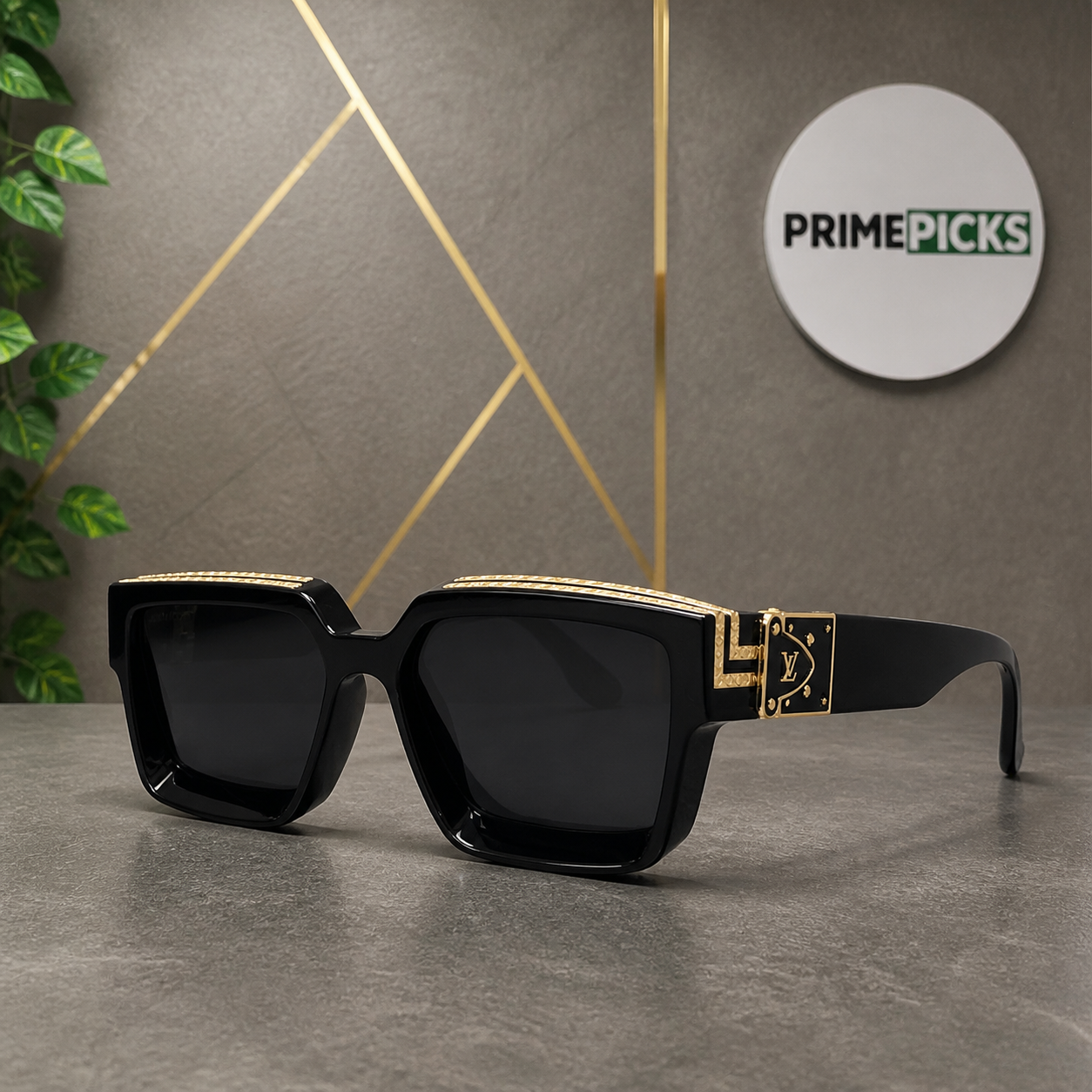 Louis Vuitton black square gold-tone unisex sunglasses hero view