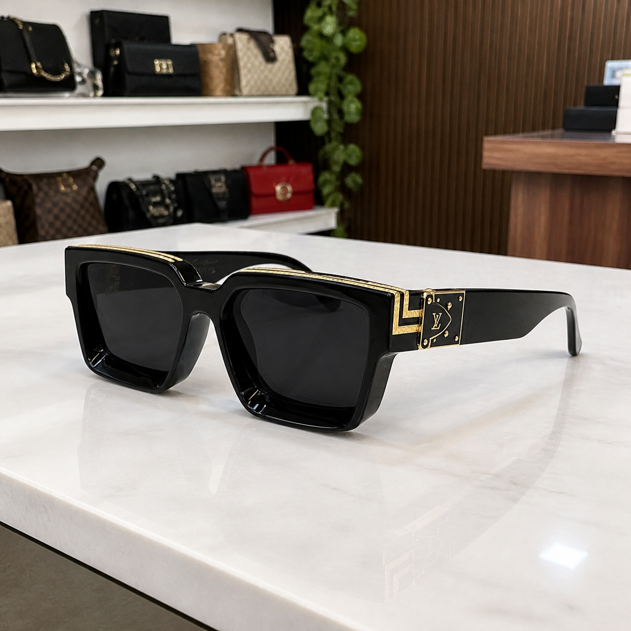 Louis Vuitton black square sunglasses alternate office angle