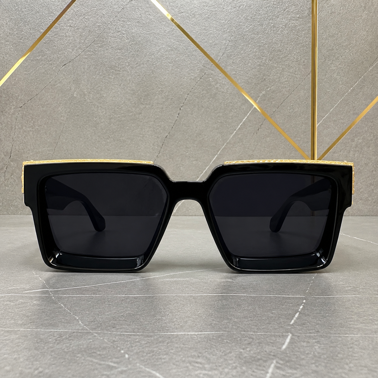 Louis Vuitton black square sunglasses supported front view