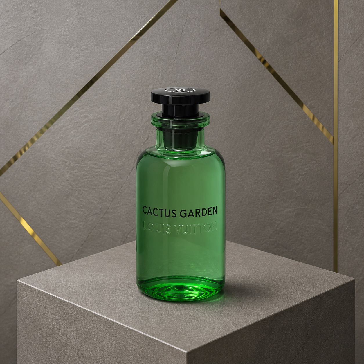 Louis Vuitton Cactus Garden perfume against the PrimePicks grey stone and gold wall