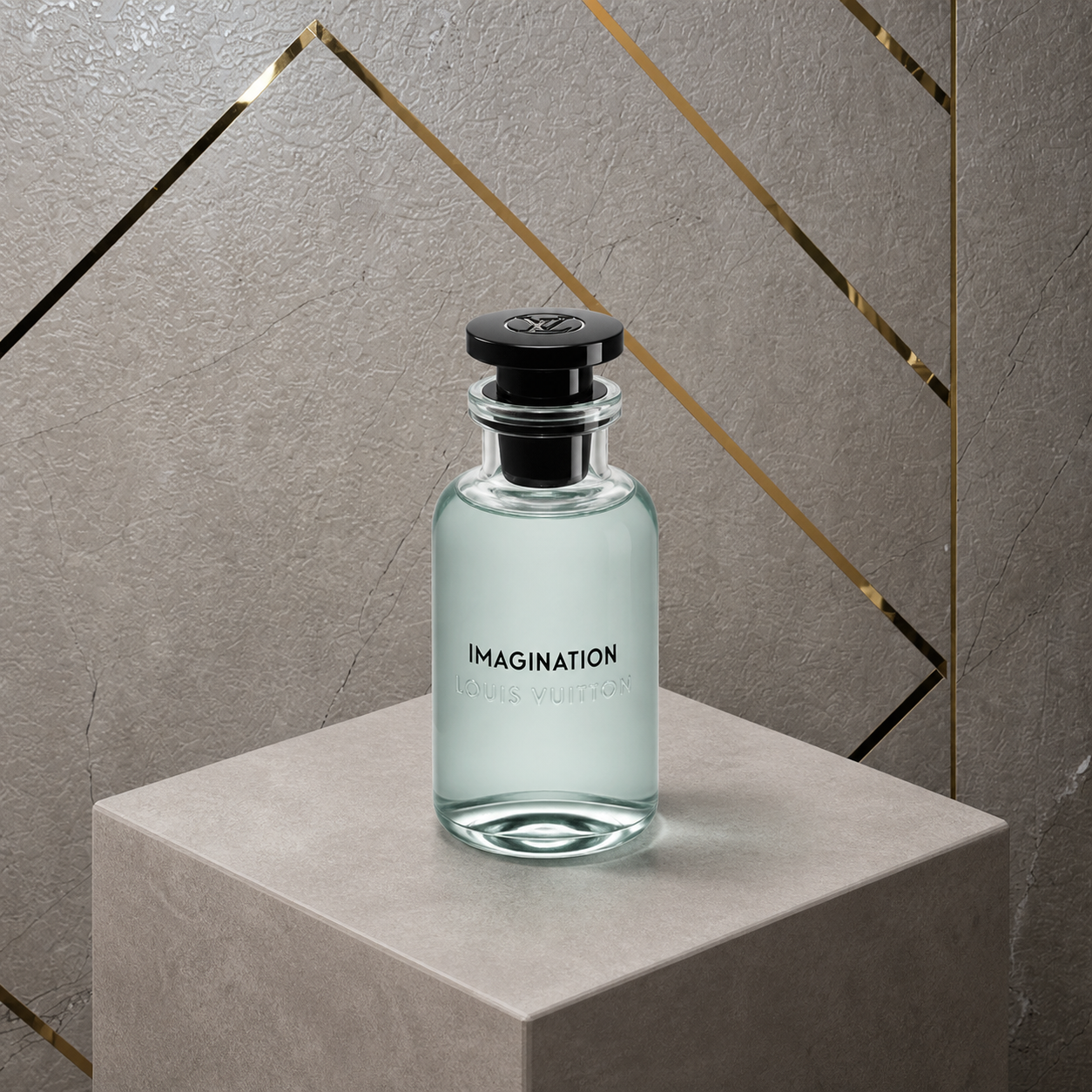 Louis Vuitton Imagination Eau de Parfum against the PrimePicks grey stone and gold wall