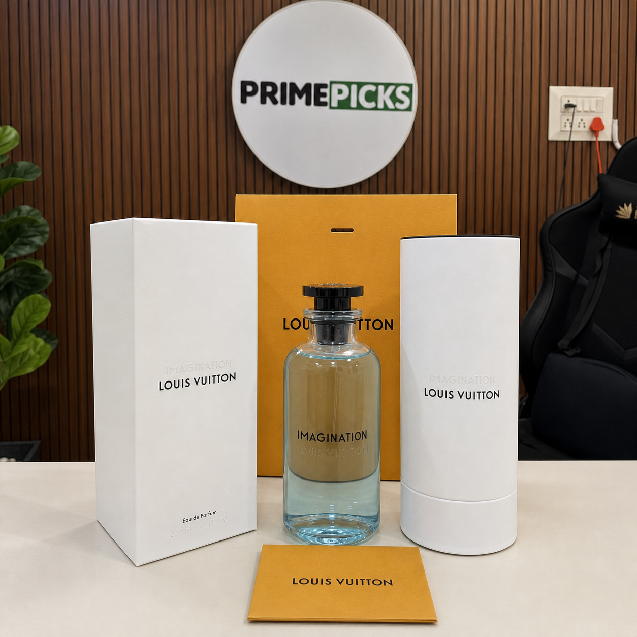 Louis Vuitton Imagination Eau de Parfum 200ml in the PrimePicks office with the PrimePicks sign