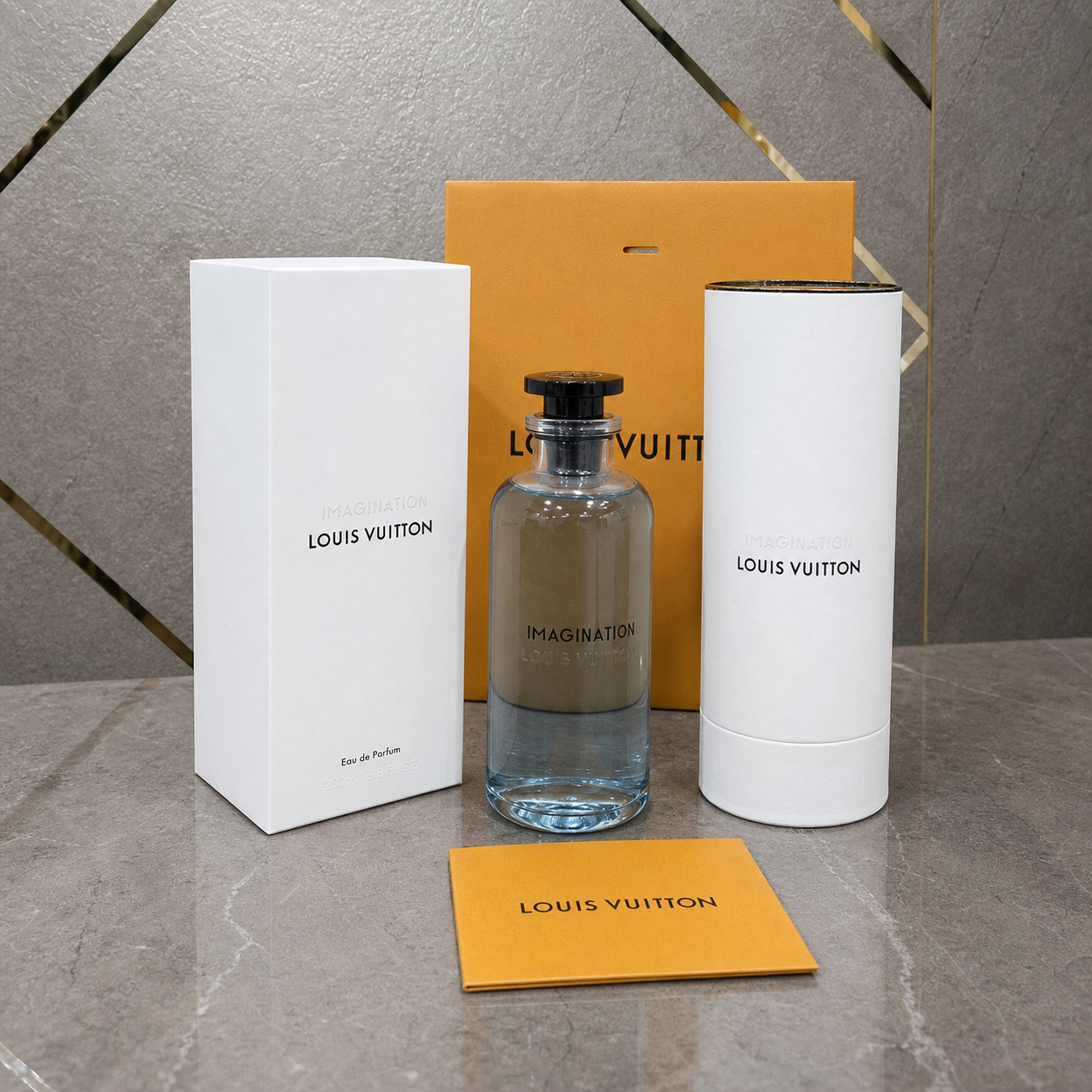 Louis Vuitton Imagination Eau de Parfum 200ml against the PrimePicks grey stone and gold wall