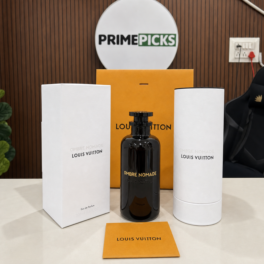 Louis Vuitton Ombré Nomade Eau de Parfum 200ml in the PrimePicks office with the PrimePicks sign