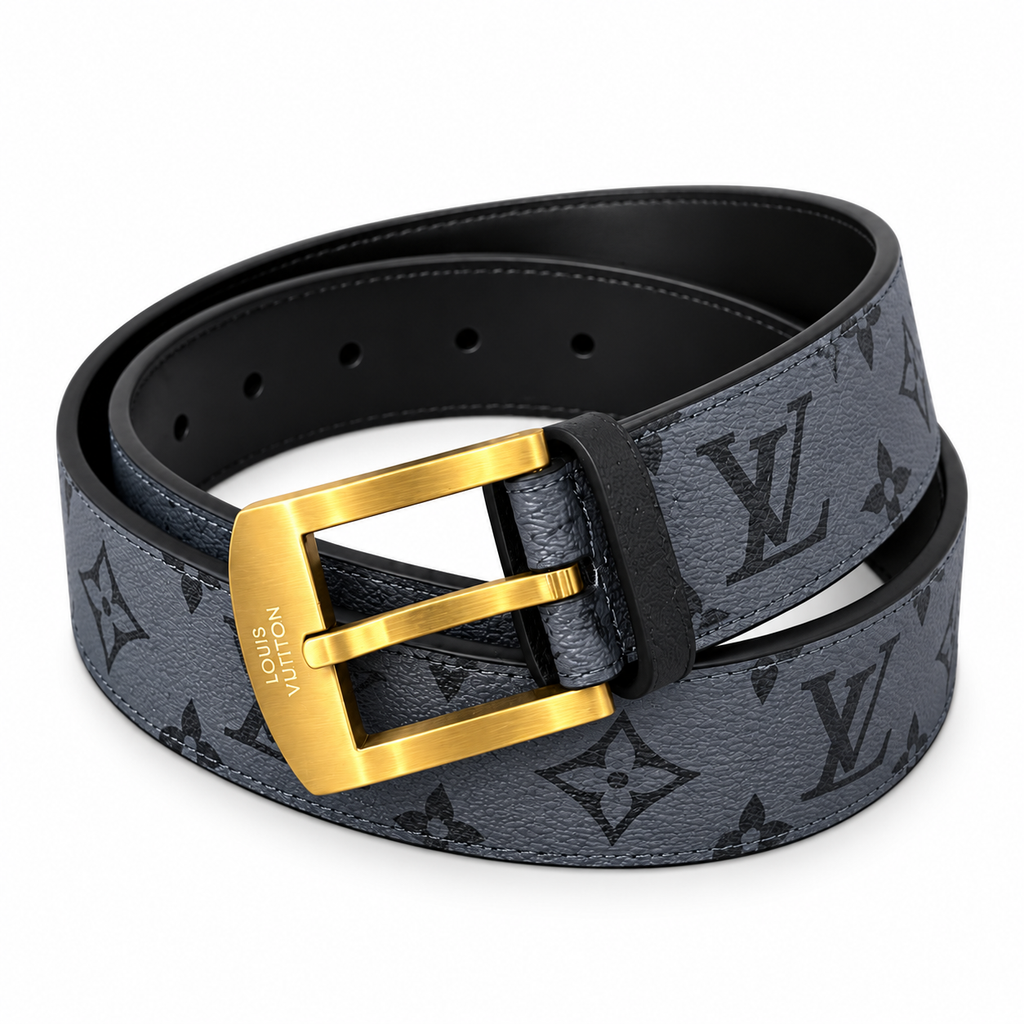 Louis Vuitton dark grey monogram leather belt with gold-tone buckle on a white background