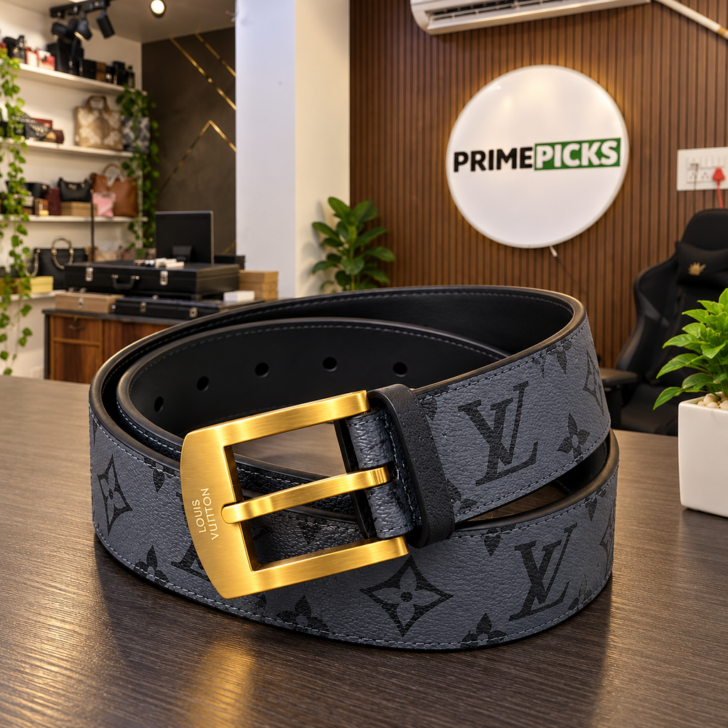 Louis Vuitton dark grey monogram leather belt displayed at the PrimePicks office