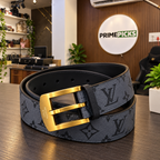 Louis Vuitton dark grey monogram leather belt displayed at the PrimePicks office