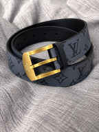 Louis Vuitton dark grey monogram belt with brushed gold-tone pin buckle