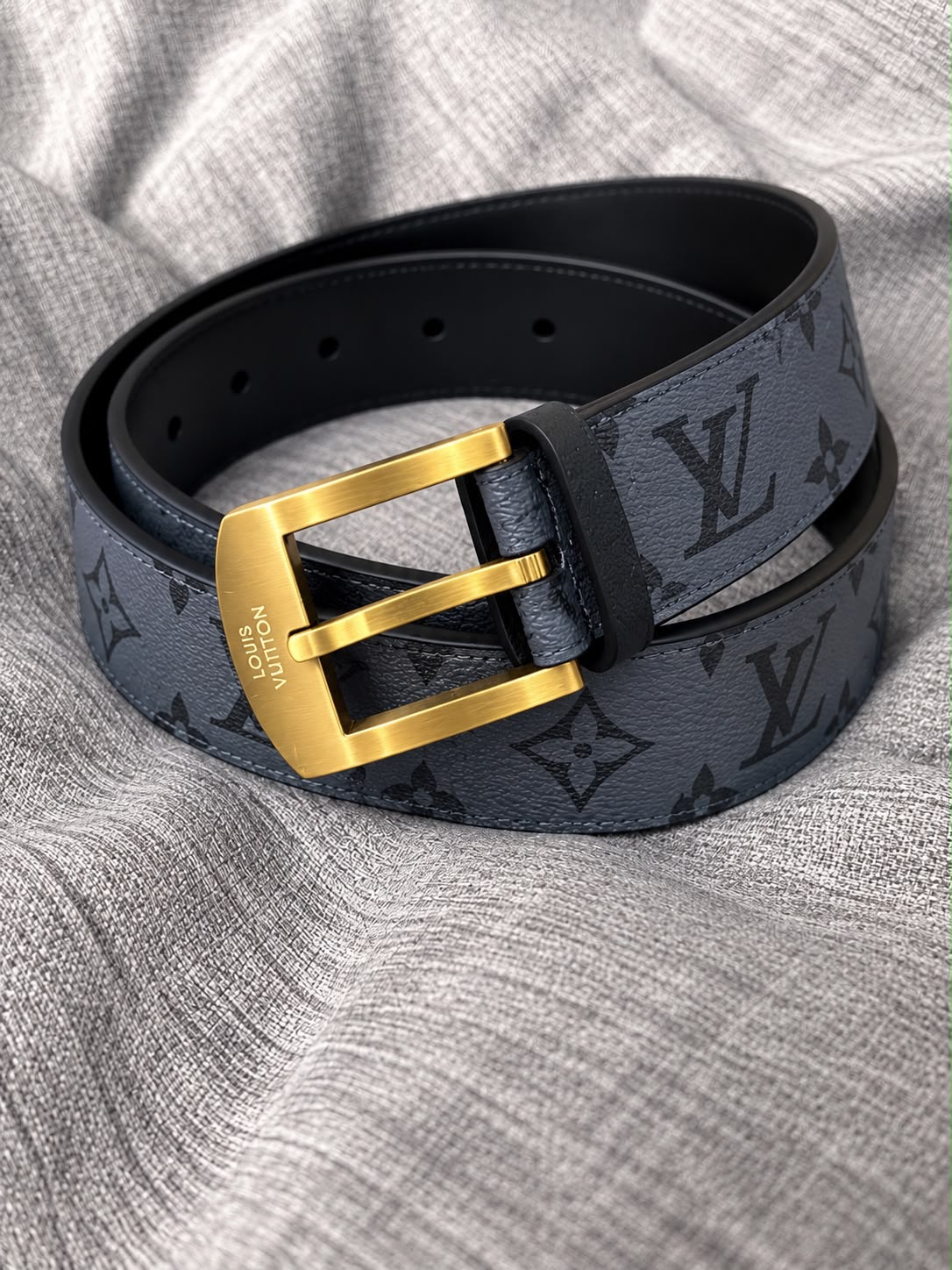 Louis Vuitton dark grey monogram belt with brushed gold-tone pin buckle
