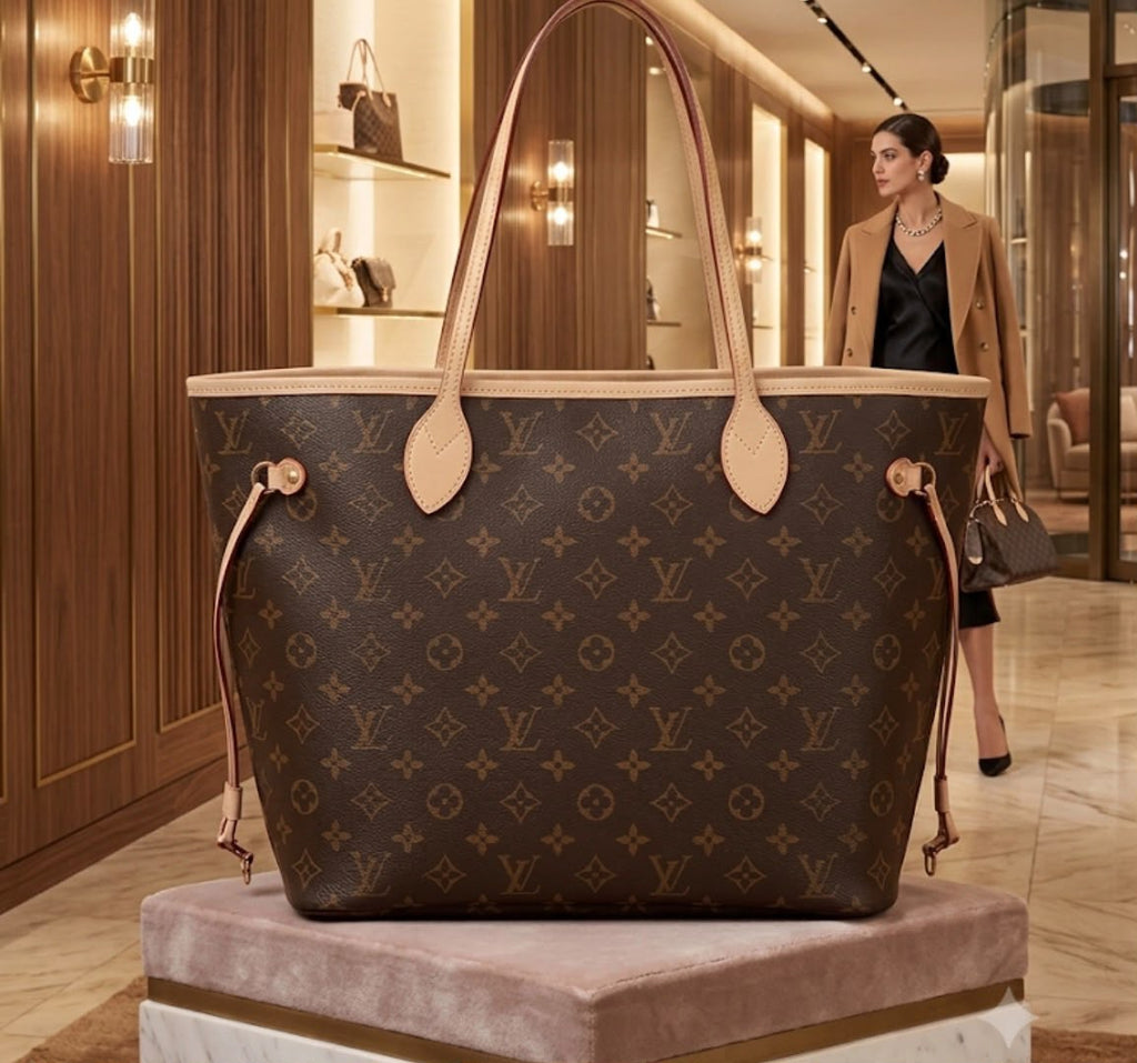 Louis Vuitton Neverfull-style tote Brown Monogram close front view