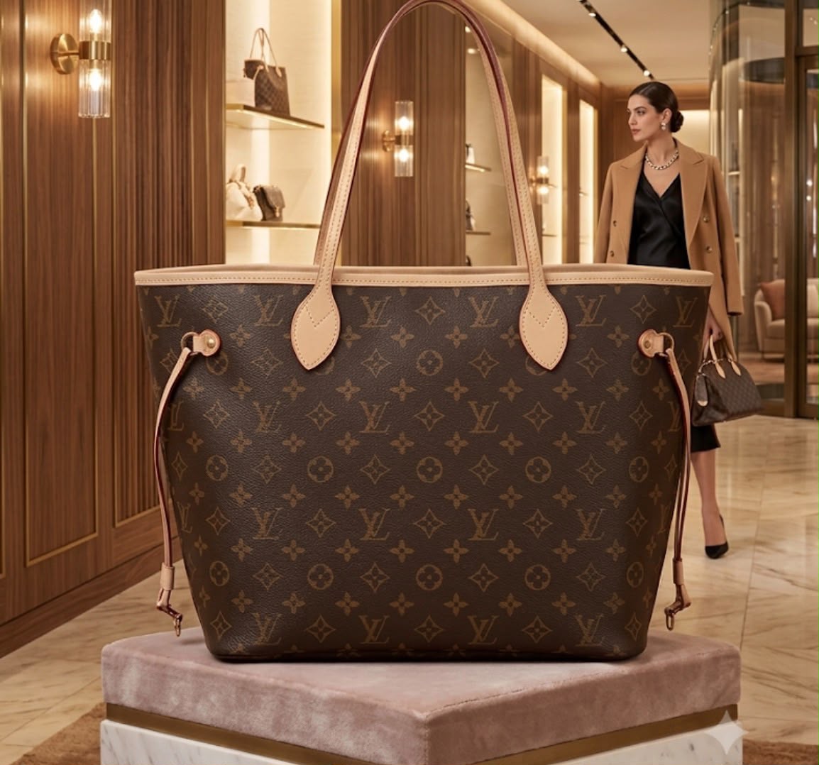 Louis Vuitton Neverfull-style tote Brown Monogram close front view