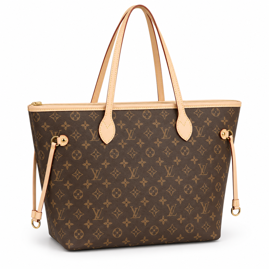 Louis Vuitton Neverfull-style tote in Brown Monogram on a white background