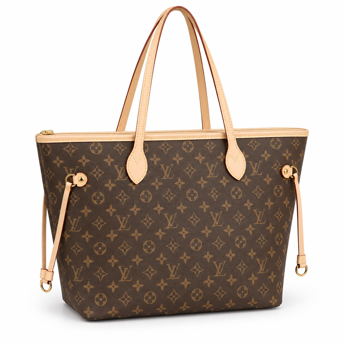 Louis Vuitton Neverfull-style tote in Brown Monogram on a white background