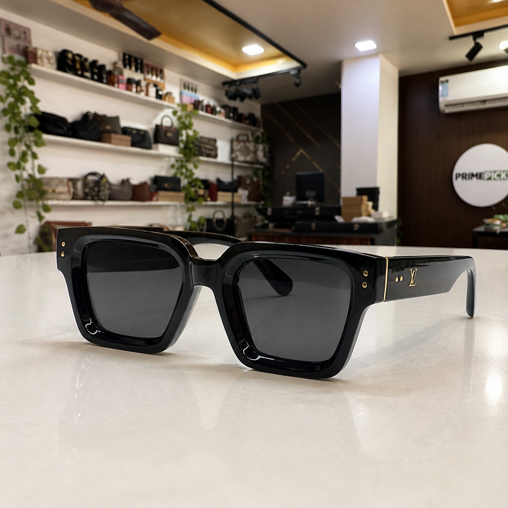 Louis Vuitton model 98170 square sunglasses in glossy black, hero view