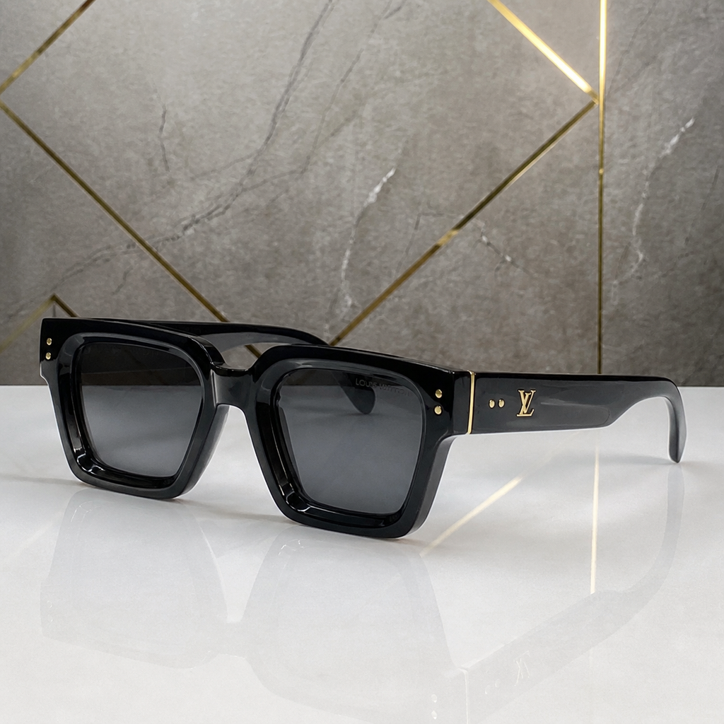 Louis Vuitton model 98170 square sunglasses in glossy black, temple detail