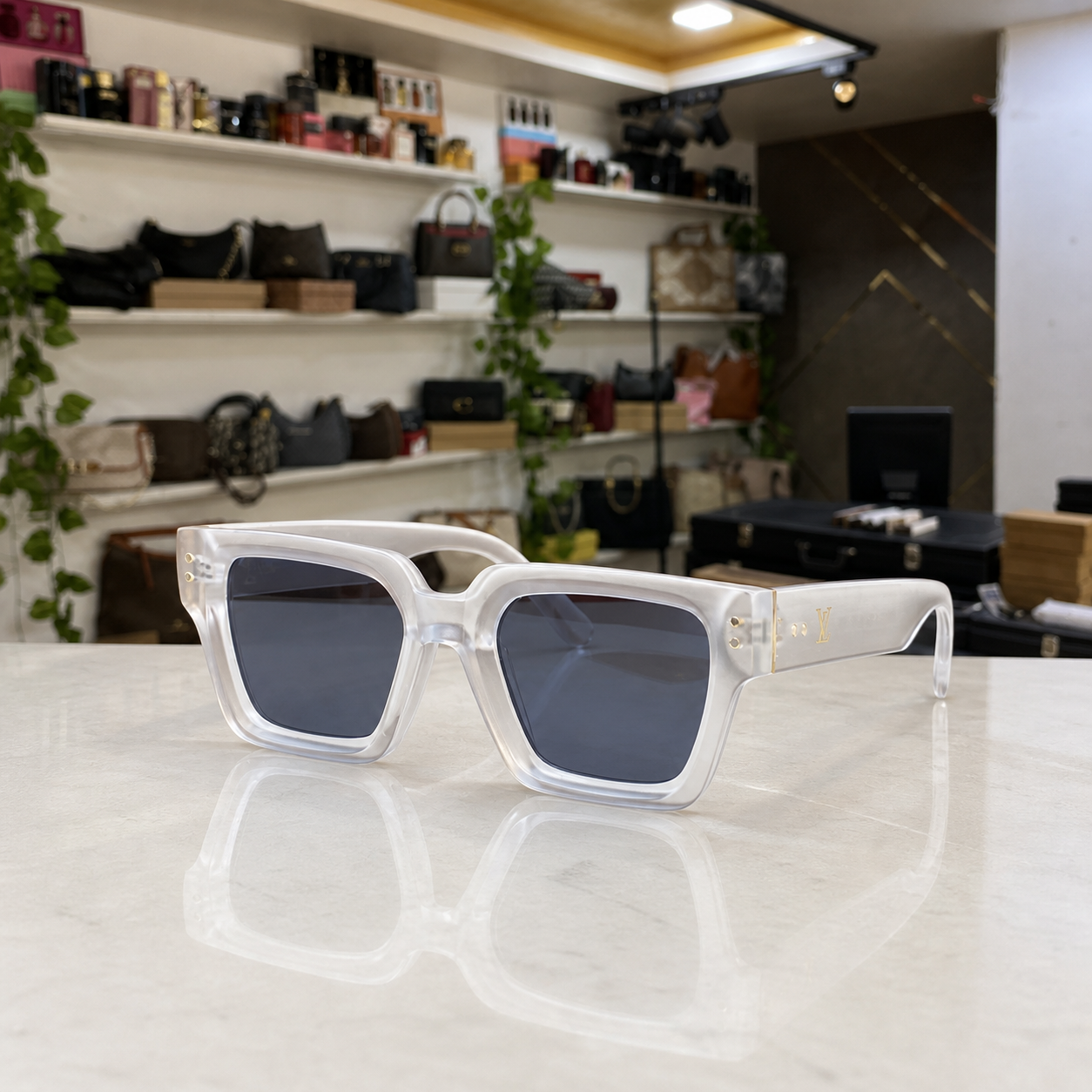 Louis Vuitton model 98170 square sunglasses in translucent pearl white, hero view