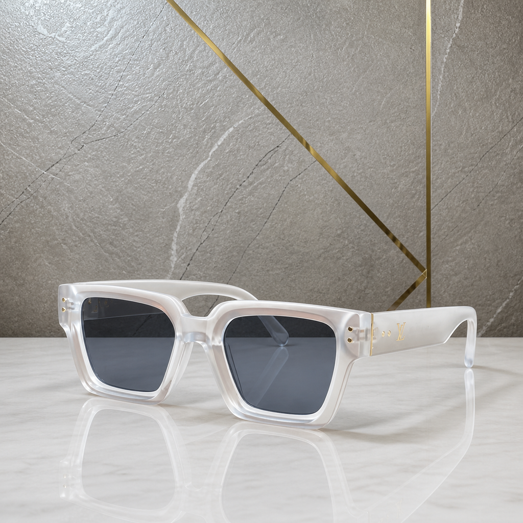 Louis Vuitton model 98170 square sunglasses in translucent pearl white, temple detail