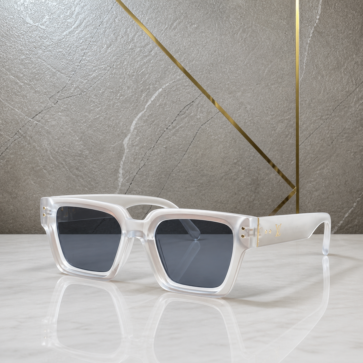 Louis Vuitton model 98170 square sunglasses in translucent pearl white, temple detail