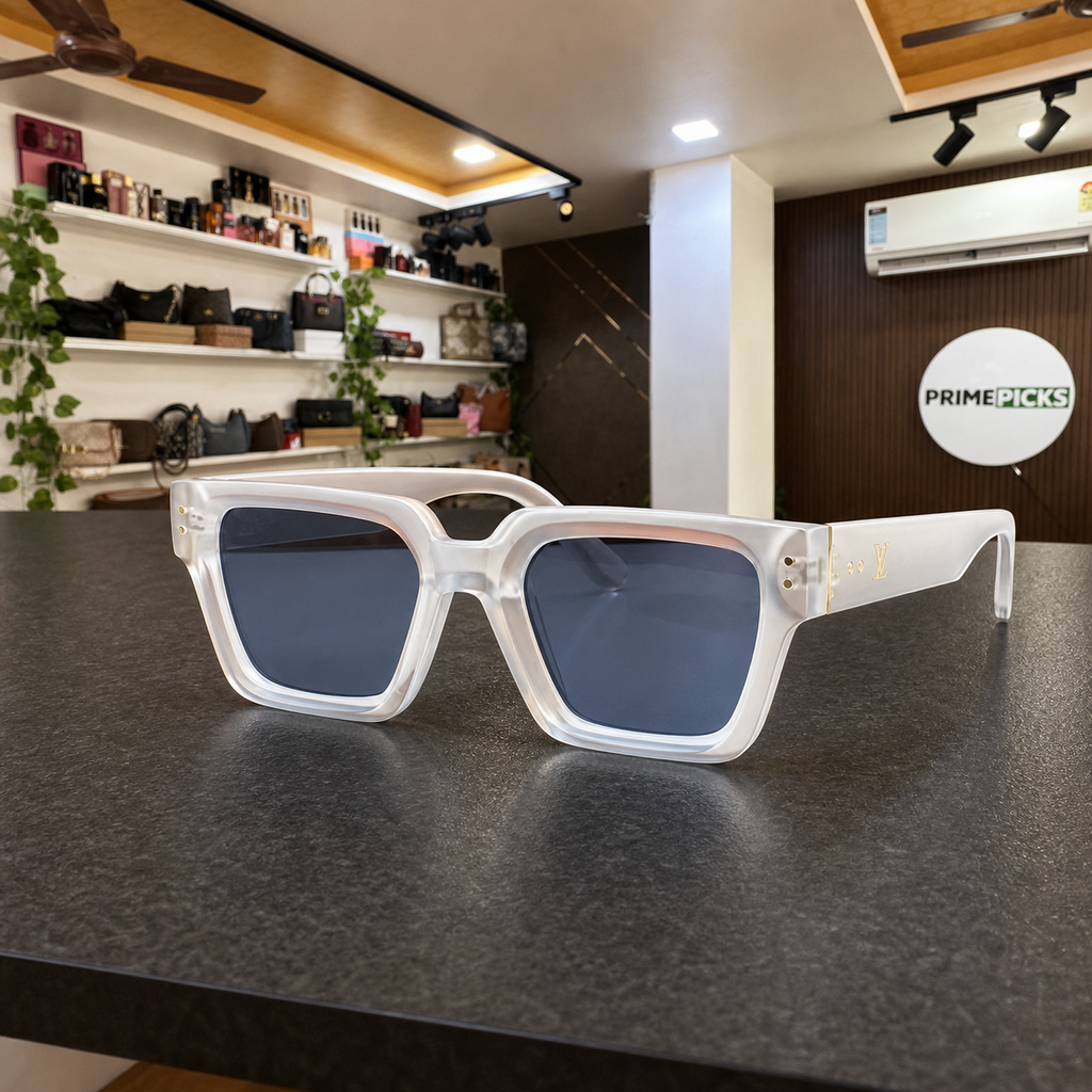 Louis Vuitton model 98170 square sunglasses in translucent pearl white, PrimePicks office display