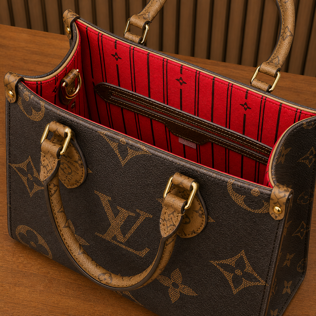 Louis Vuitton OnTheGo PM red interior and handle detail