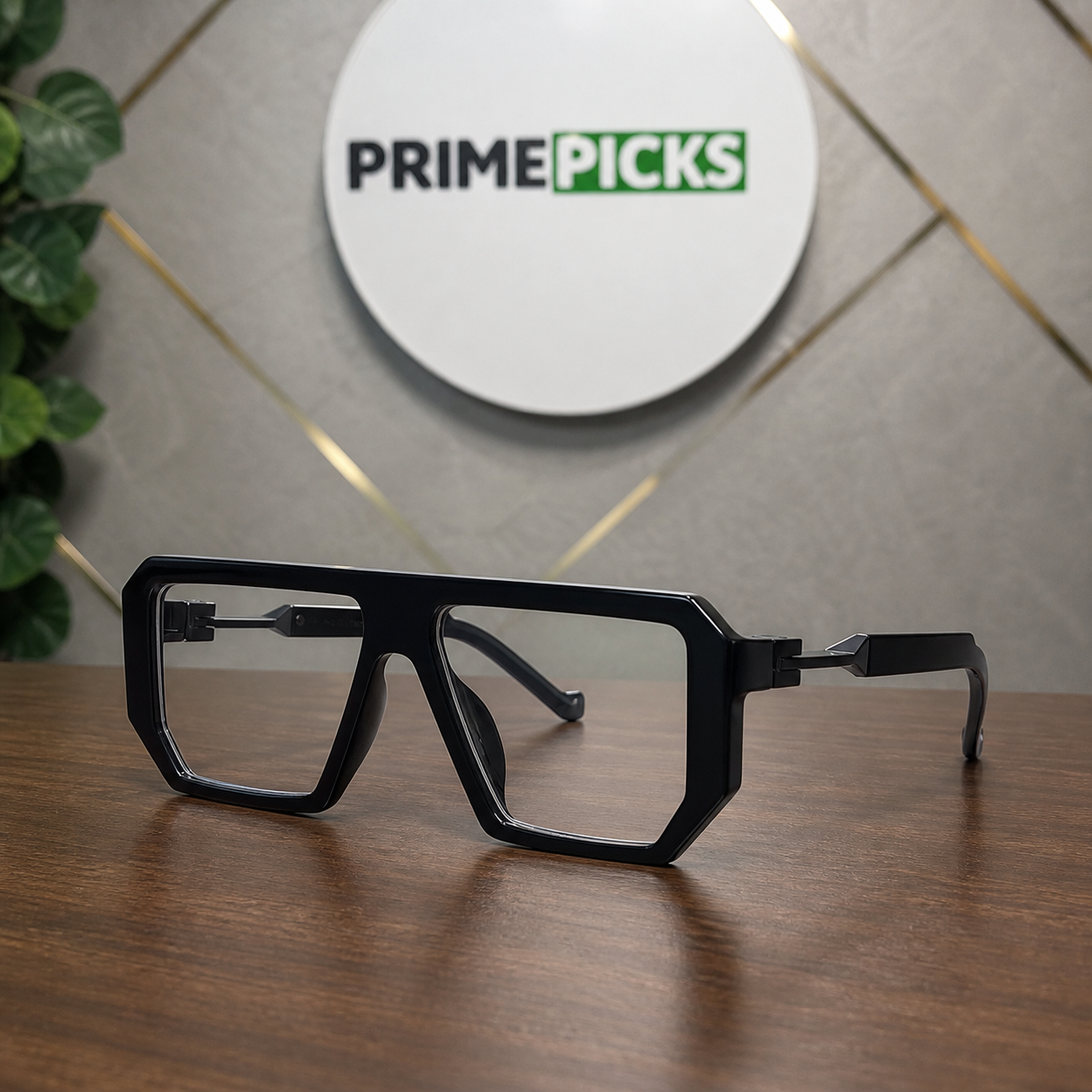 Marc Jacobs black geometric clear-lens unisex sunglasses hero view in the PrimePicks office