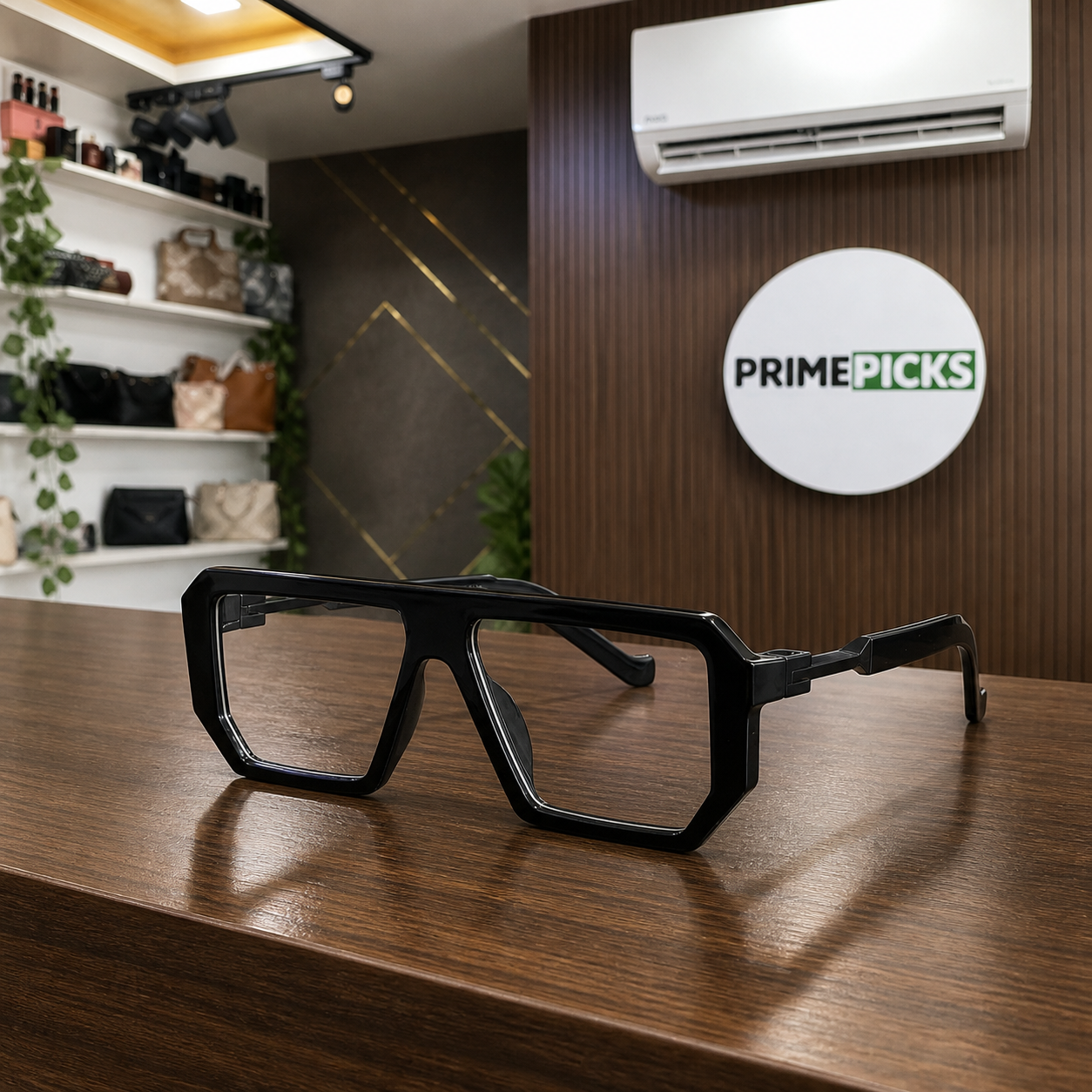 Marc Jacobs black geometric clear-lens sunglasses lifestyle view in the PrimePicks office