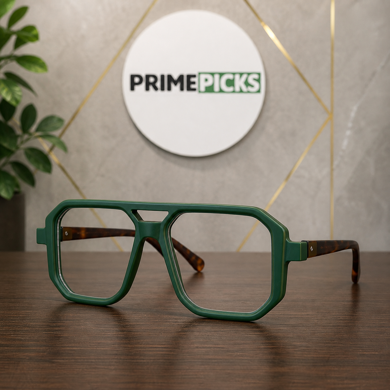 Marc Jacobs forest green double-bridge sunglasses hero view in the PrimePicks office