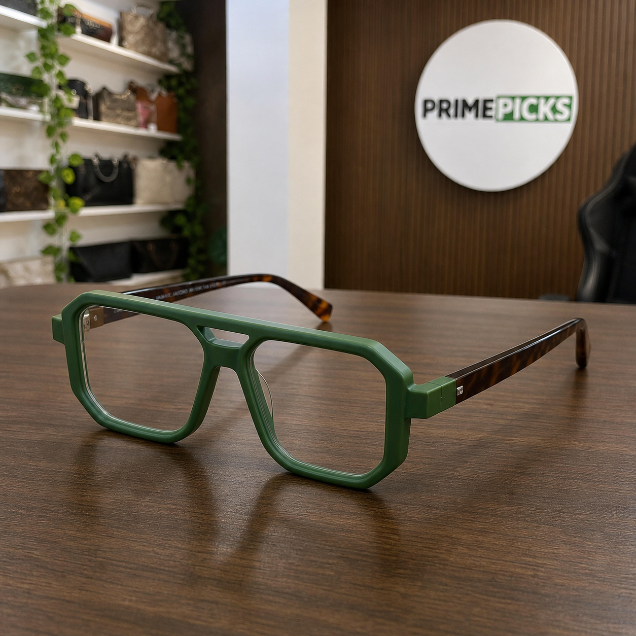 Marc Jacobs forest green sunglasses alternate three-quarter view in the PrimePicks office