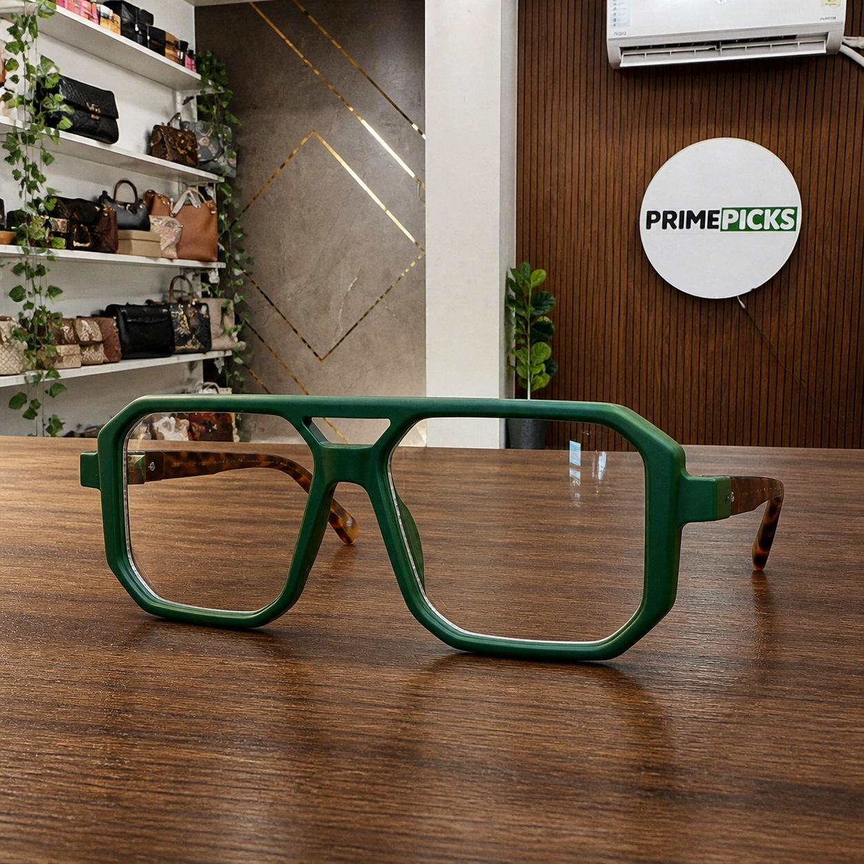 Marc Jacobs forest green sunglasses lifestyle view in the PrimePicks office