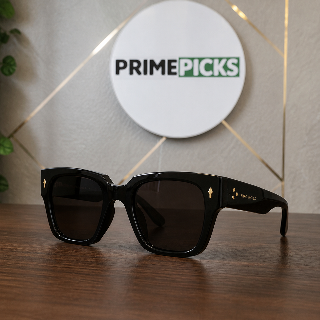 Marc Jacobs glossy black oversized square sunglasses hero view in the PrimePicks office