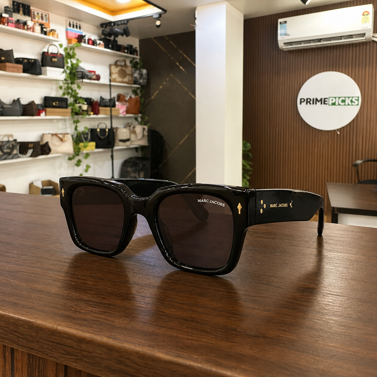 Marc Jacobs glossy black oversized sunglasses lifestyle view in the PrimePicks office