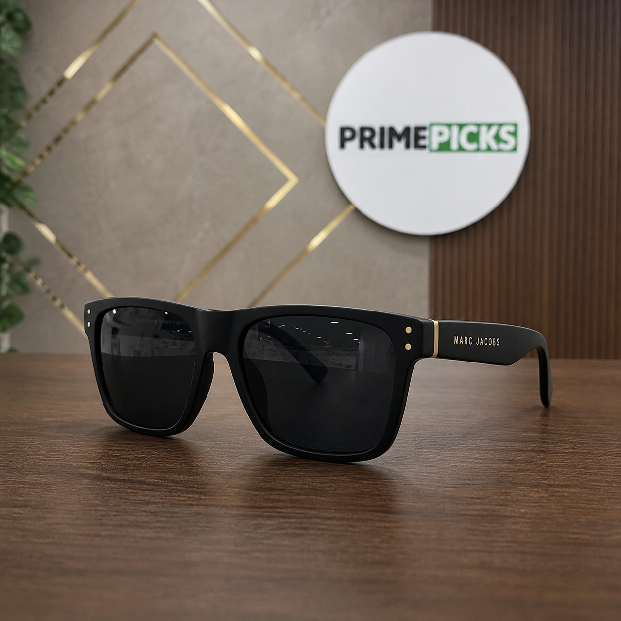 Marc Jacobs matte black rectangular unisex sunglasses hero view in the PrimePicks office