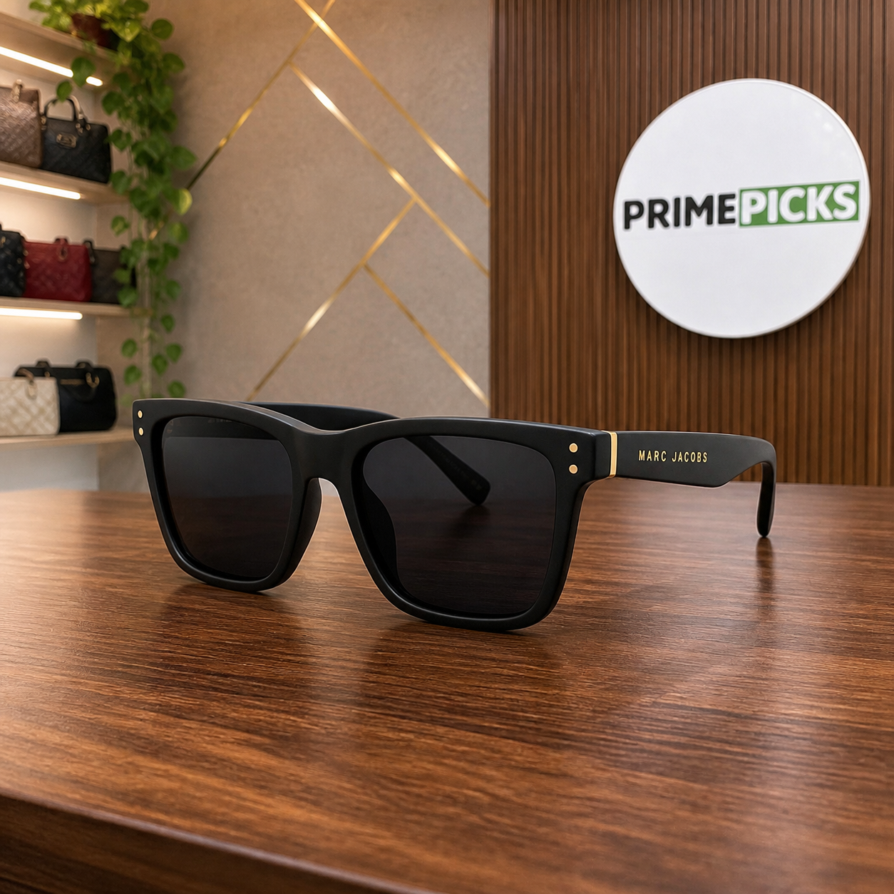 Marc Jacobs matte black unisex sunglasses lifestyle view in the PrimePicks office