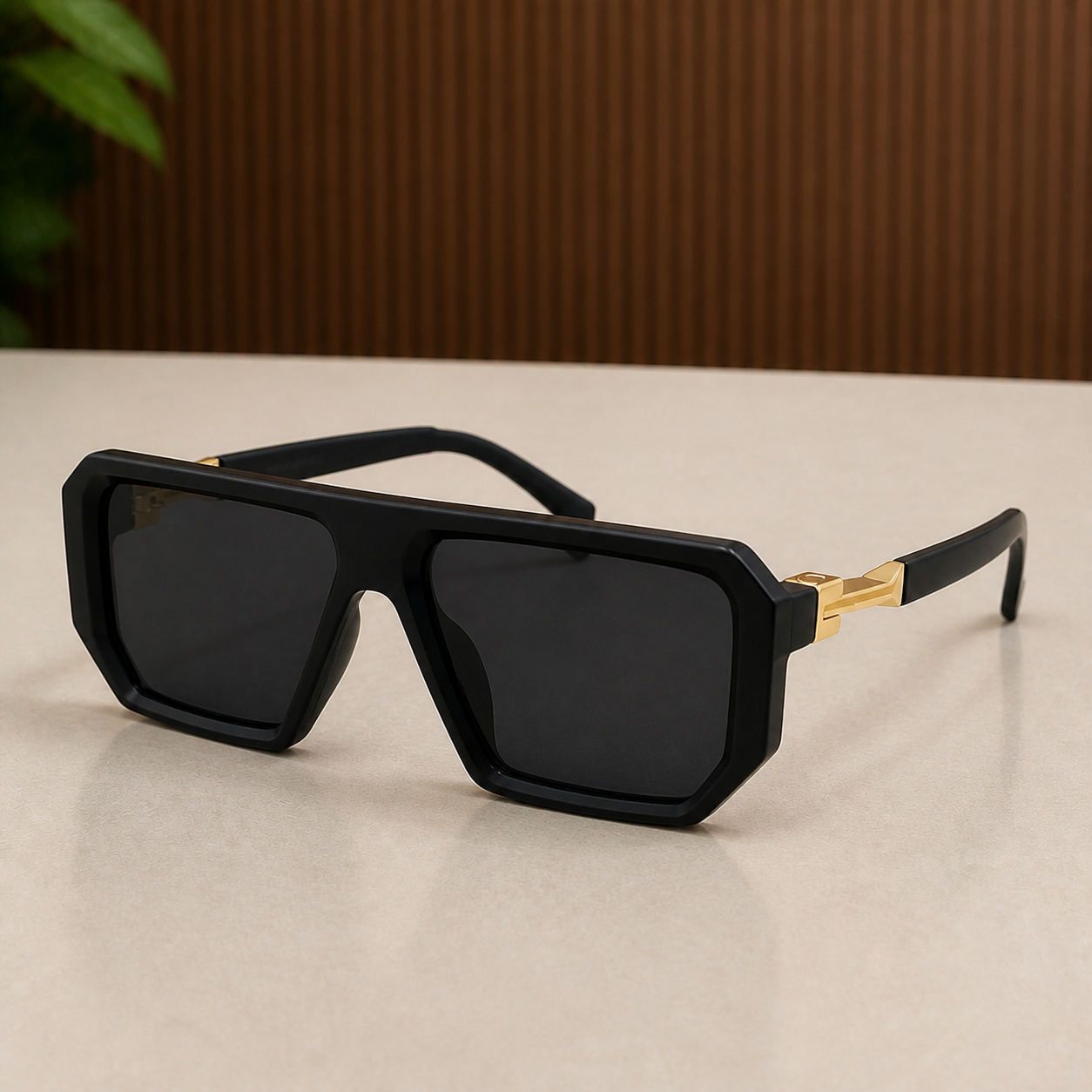 Marc Jacobs matte black angular square sunglasses with gold-tone hinges and dark smoke lenses, elevated front view