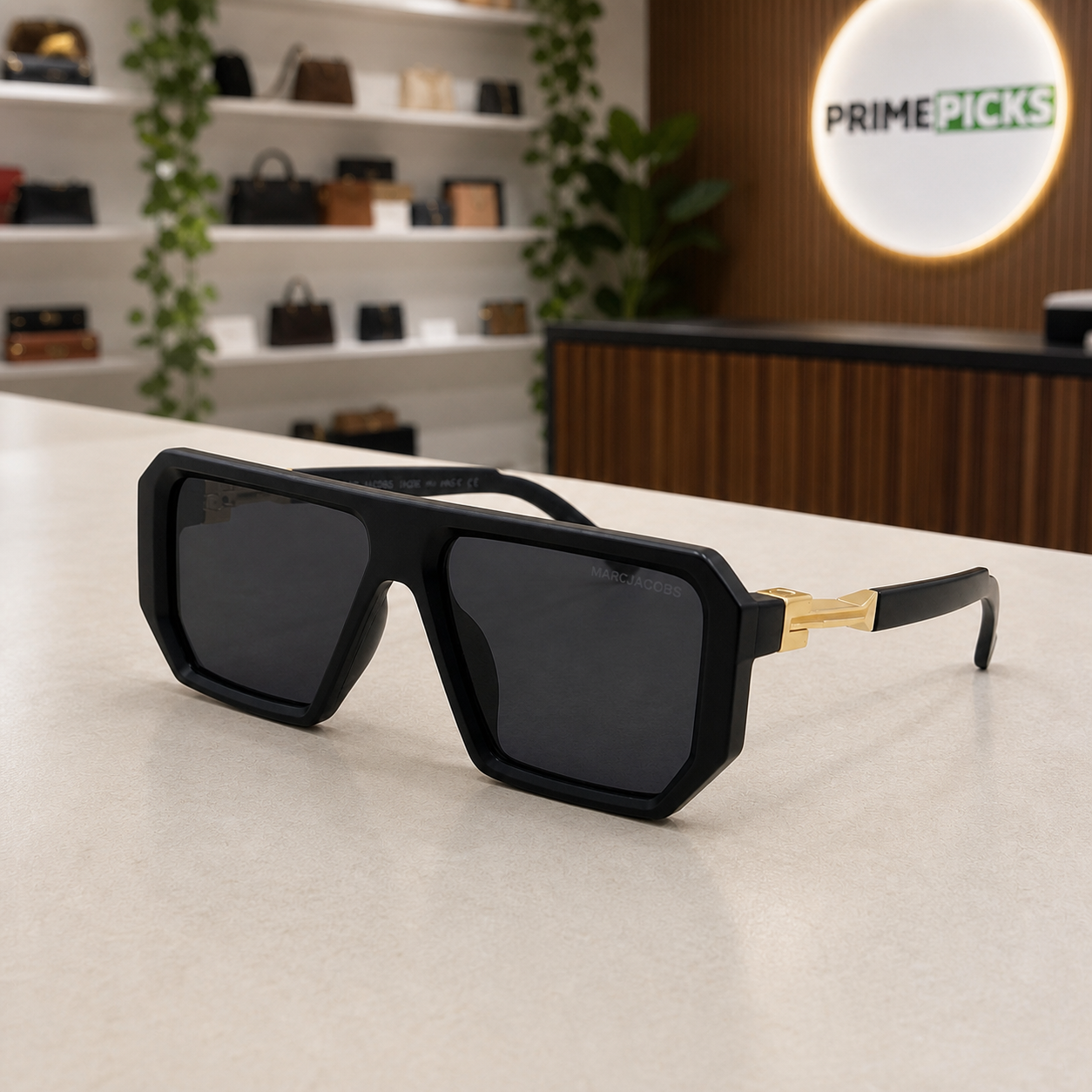 Marc Jacobs matte black angular square sunglasses with gold-tone hinges and dark smoke lenses, PrimePicks office lifestyle view