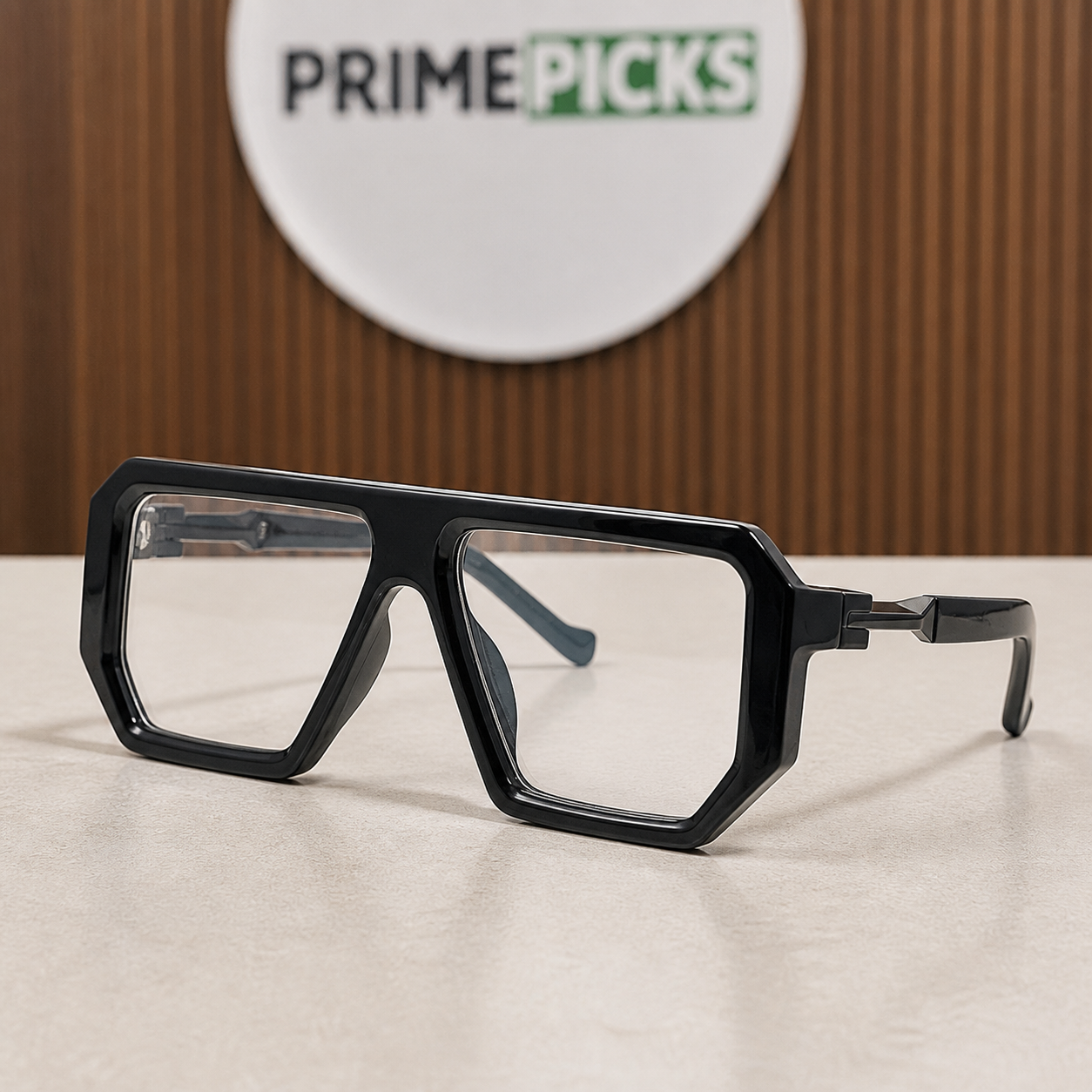 Marc Jacobs gloss black angular square glasses with clear lenses, front three-quarter hero view