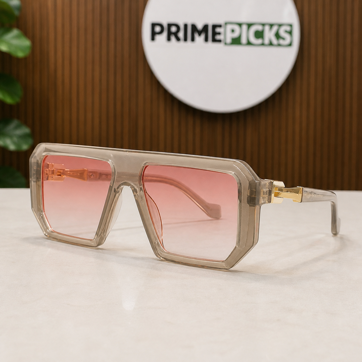 Marc Jacobs crystal taupe angular square sunglasses with rose gradient lenses, front three-quarter hero view