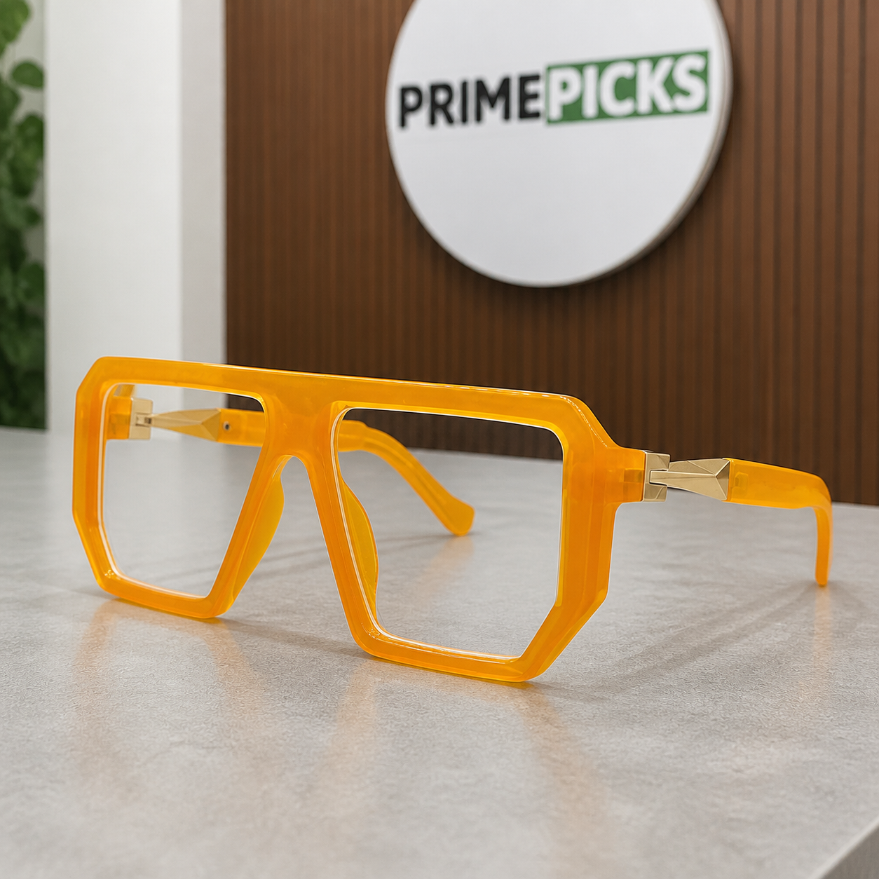 Marc Jacobs amber angular square glasses with gold-tone hinges and clear lenses, front three-quarter hero view