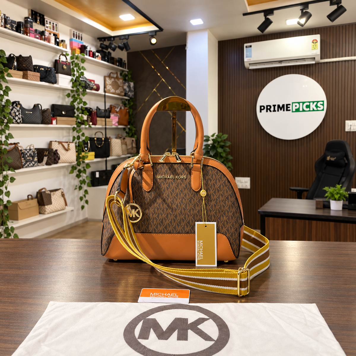 Michael Kors Alma monogram handbag with broad belt and dust cover in the PrimePicks showroom