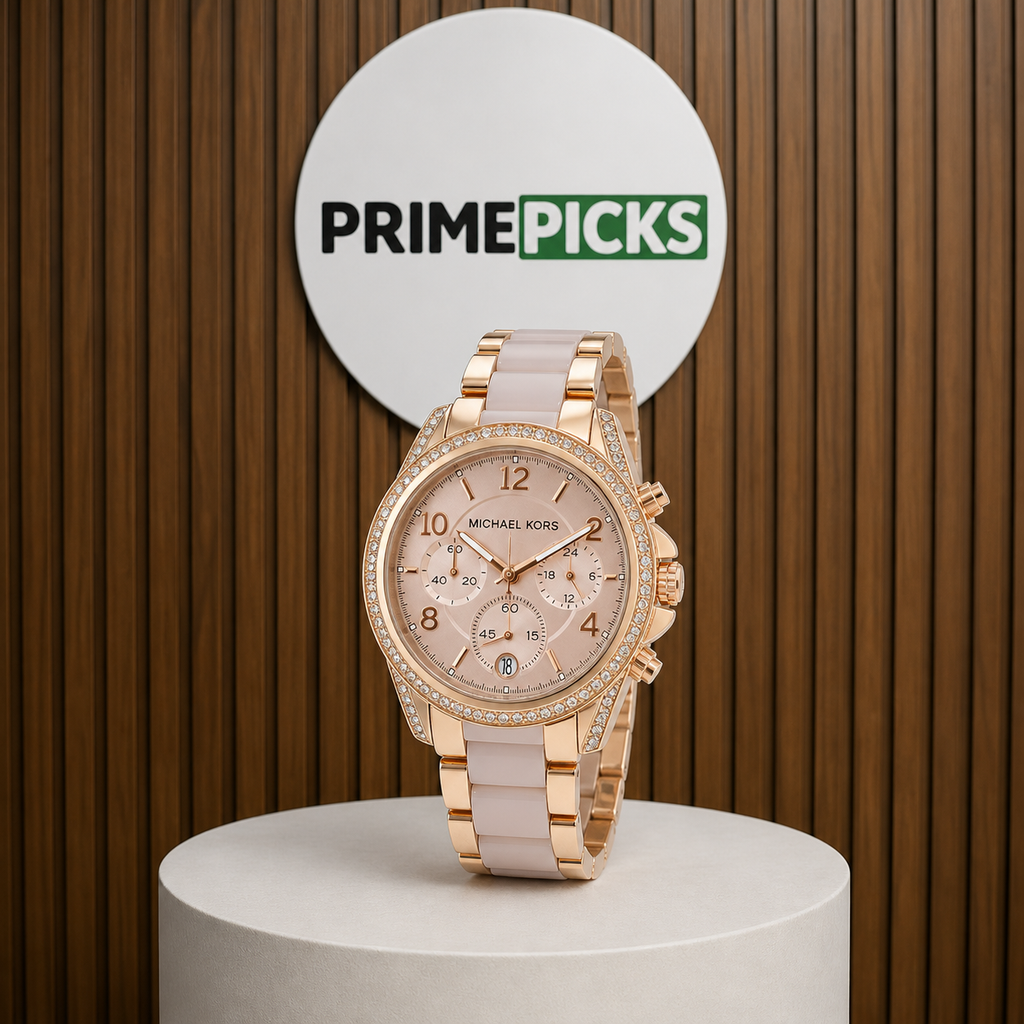 Michael Kors Blair MK5943 pink ceramic women's watch in the Primepicks office