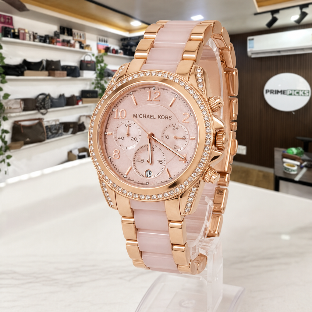 Michael Kors Blair MK5943 pink ceramic bracelet watch three-quarter view
