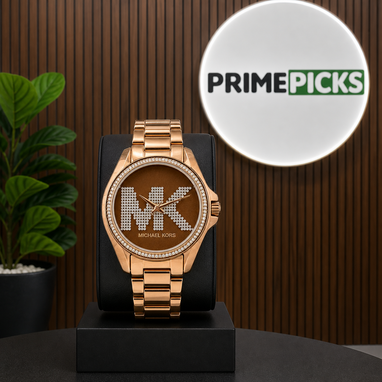 Michael Kors Bradshaw rose-gold MK crystal watch at PRIMEPICKS logo wall