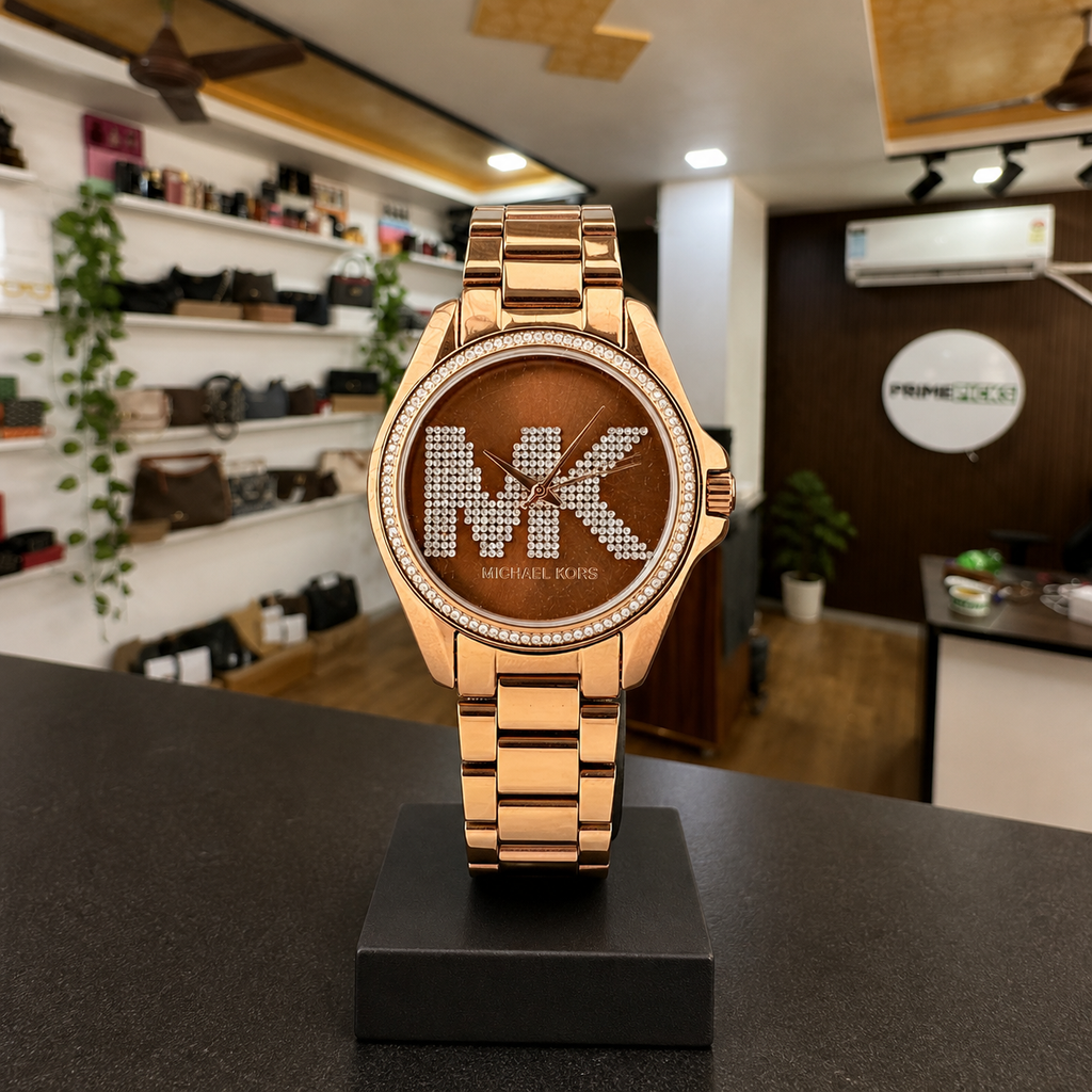 Michael Kors Bradshaw rose-gold MK crystal watch in Primepicks office